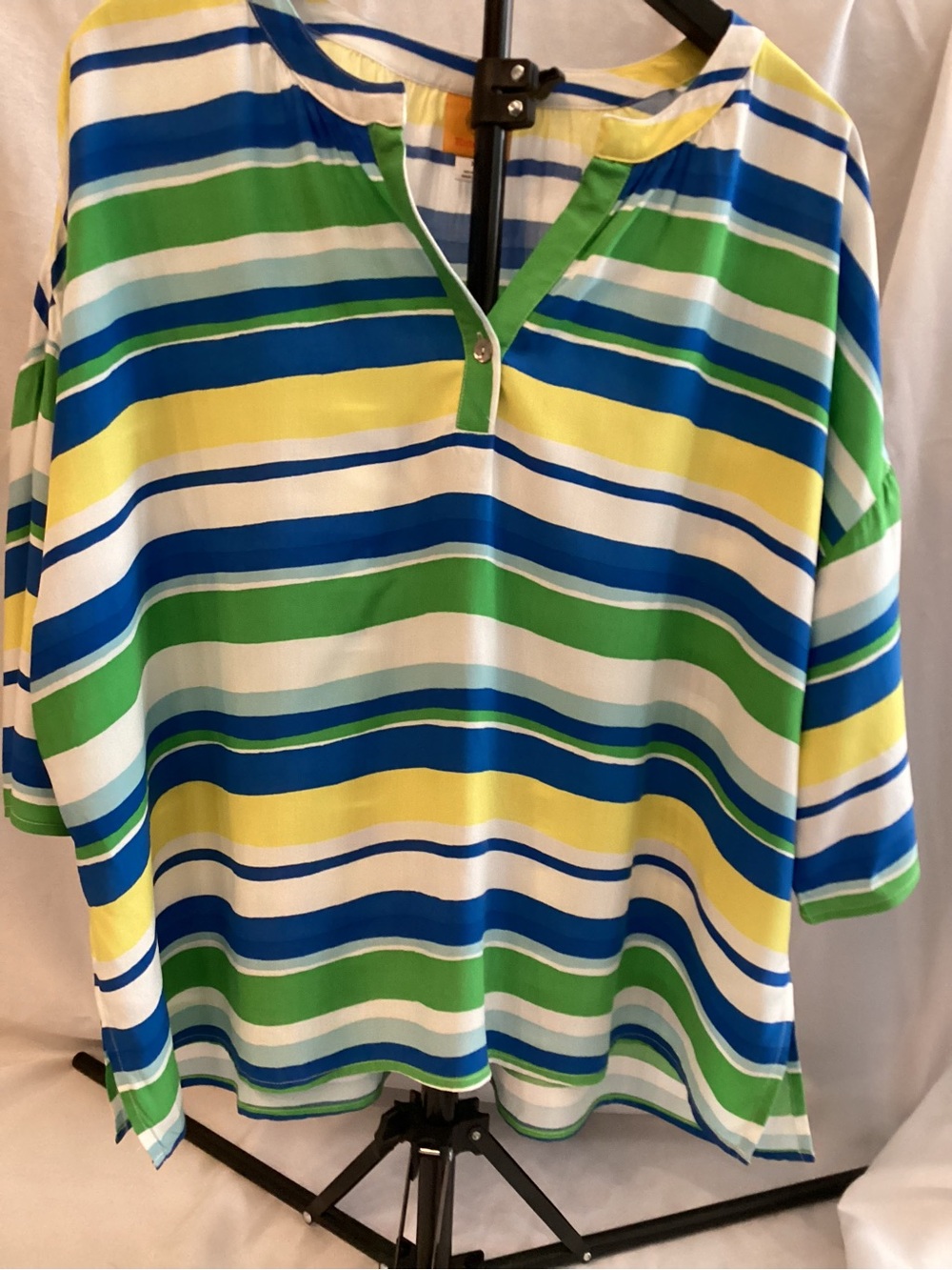 Ruby Rd. Blue, Green & Yellow Striped Notch-Neck Tunic
